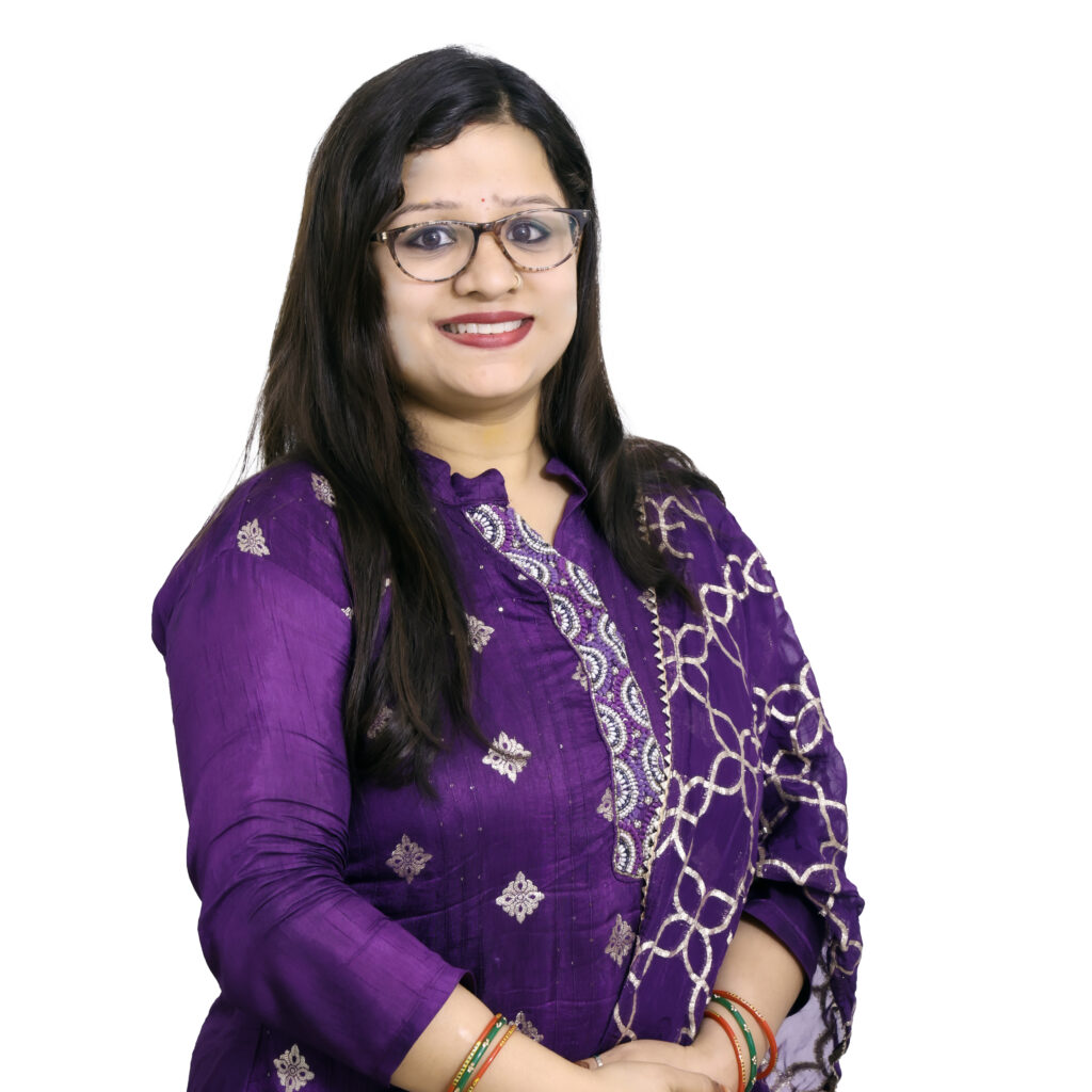 a woman wearing glasses and a purple shirt